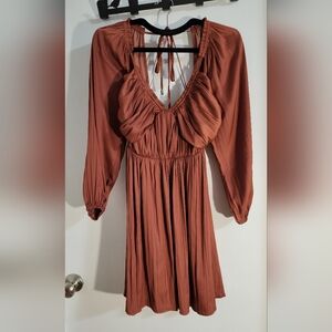 Rust Long-Sleeve V-Neck Mini Dress